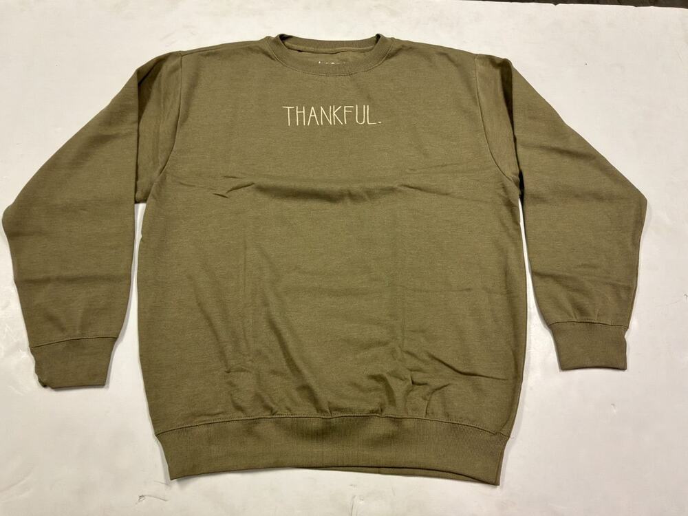 Love in Faith THANKFUL Embroidered Crewneck Sweatshirt Heather Olive Green 3XL N